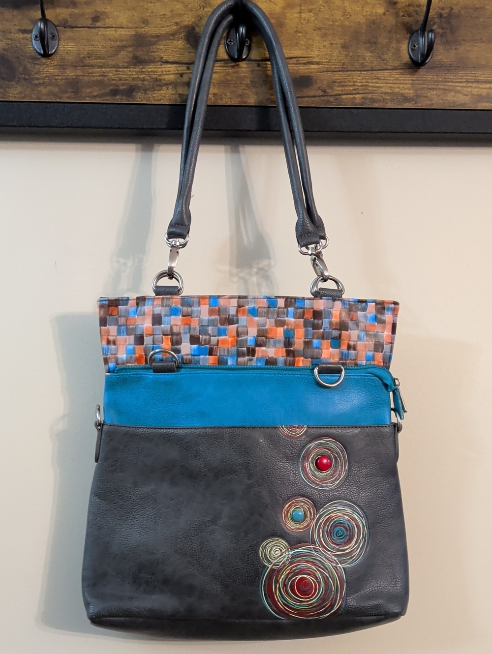 Women’s Multicolor Leather-Accent Tote Bag - Blue and Gray